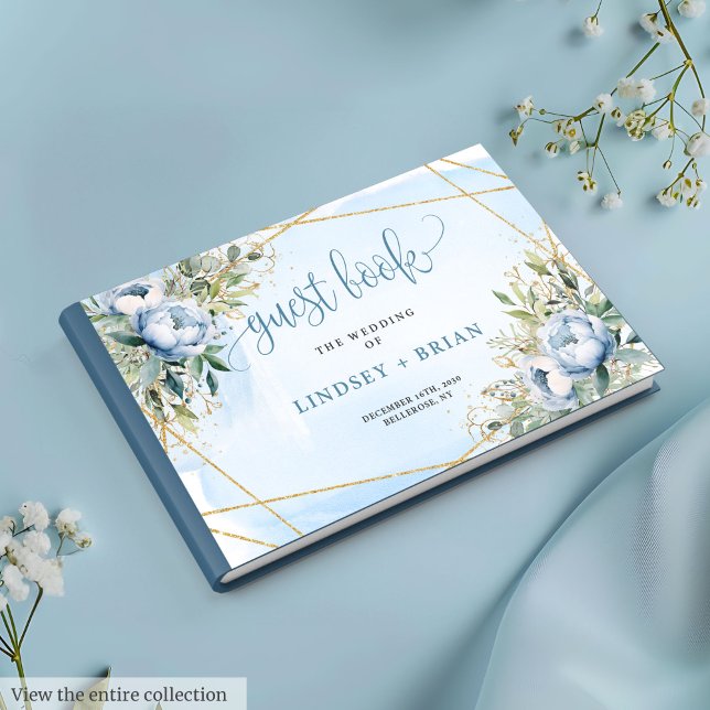 Livro de Convidados de Peões Dourados Azuis Azuis  (Whimsical Dusty Blue White Gold Peonies Guest Book)