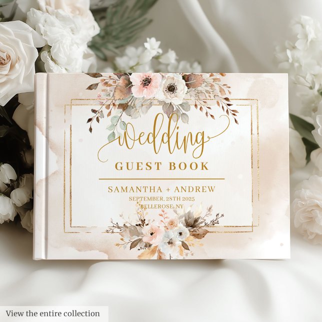Livro de Convidados do Outono Dourado da Rosa clar (Stylish Light Pink Gold Autumn Wedding Guest Book)