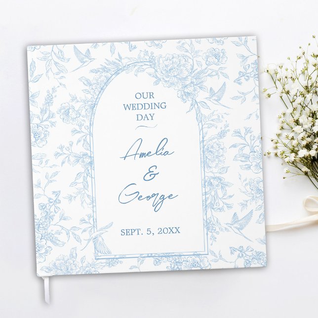 Livro de Convidados do Toile Francês Azul e Branco (French Toile Inspired Blue and White Wedding Guestbook Front)