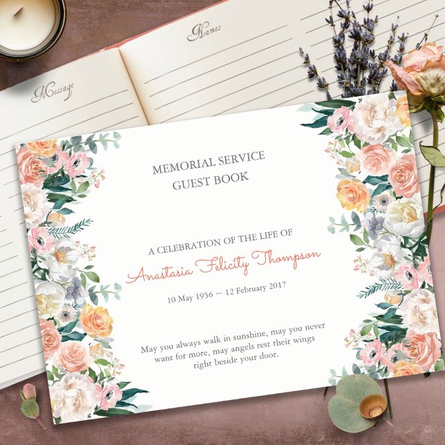 Livro de Convidados Funerários | Rosas de Aquarela (funeral guest books, sympathy, celebration of life, in loving memory, memorial service, remembrance,)