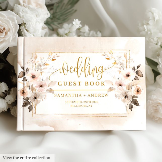 Livro de Convidados Neutros e Dourados do Boho Aut (Neutral and Gold Boho Autumn Wedding Guest Book)
