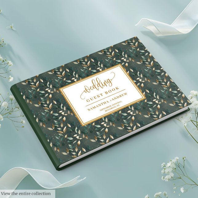 Livro de Convidados Refinados De Caçadores Verdes  (Refined Hunter Green And Gold Wedding Guest Book)