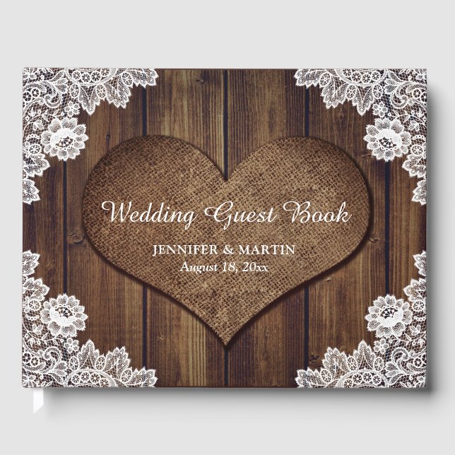 Livro de Convidados Rustic Wood and Lace Weds (Frente)