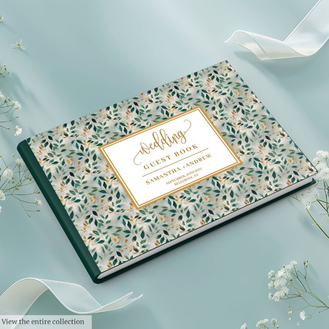 Livro de Convidados sobre Casamento Dourado e Verd (Botanical Forest Green And Gold Wedding Guest Book)