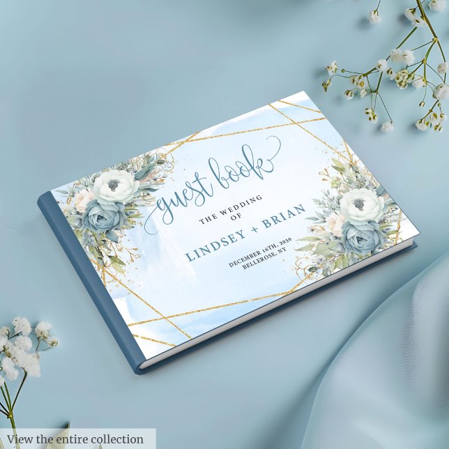 Livro de Convidados sobre Flores Douradas Azuis Si (Simple Dusty Blue White Gold Flowers Guest Book)