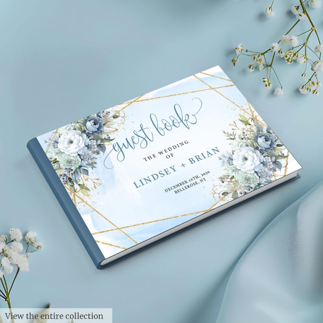 Livro de Convidados sobre Flores Douradas Azuis Si (Glam Blue Peonies White Gold Wedding Guest Book

)