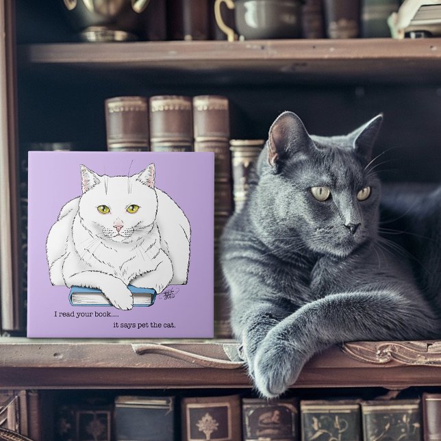 Livro de Gato Branco Engraçado Lendo Humor Roxo (Criador carregado)