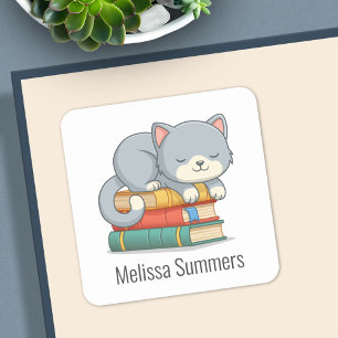 Livro de Gato Feliz Etiqueta Personalizada com Nom