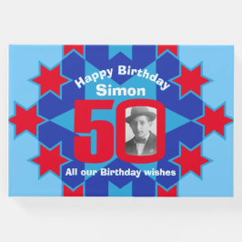 Livro de hóspedes vermelho azul da estrela fotográ