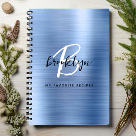 Livro de Receitas Monograma de Metal Escovado Azul