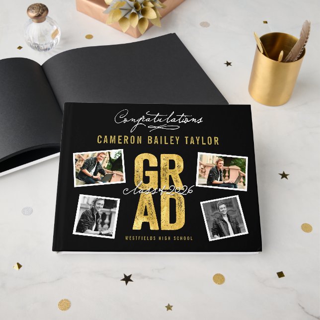 Livro De Visitas 2026 Bold Gold GRAD 4 Multi Photo Graduation Party (Frente aberta)