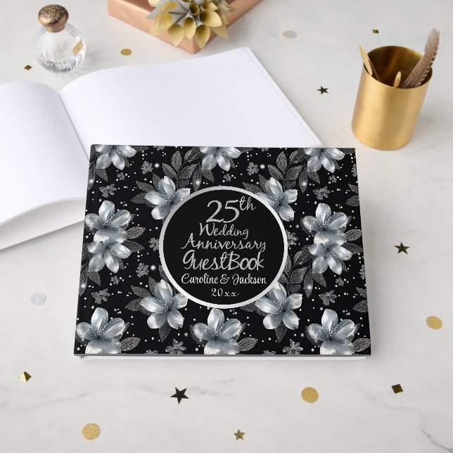 Livro De Visitas 25º Aniversário de Bodas de Prata com Flor Glitter (Frente aberta)