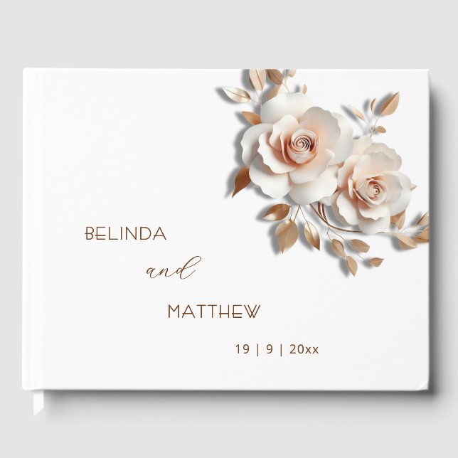 Livro De Visitas 3D Roses Rose Gold Flower | Wedding (Frente)