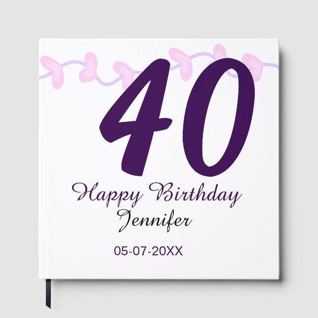 Livro De Visitas 40th birthday add name date year purple floral pin (Frente)
