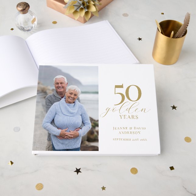 Livro De Visitas 50º aniversário de casamento Elegante 50 anos Ouro (Frente aberta)