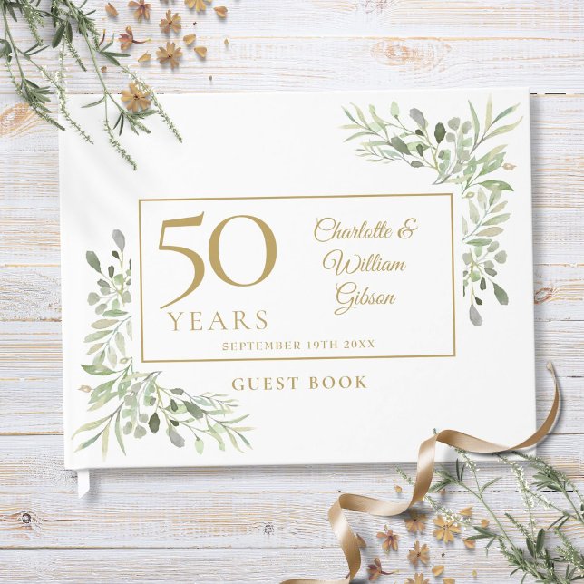 Livro De Visitas 50º Ouro Casamento Aniversário Greenery (50th Golden Wedding Anniversary Greenery Guest Book)