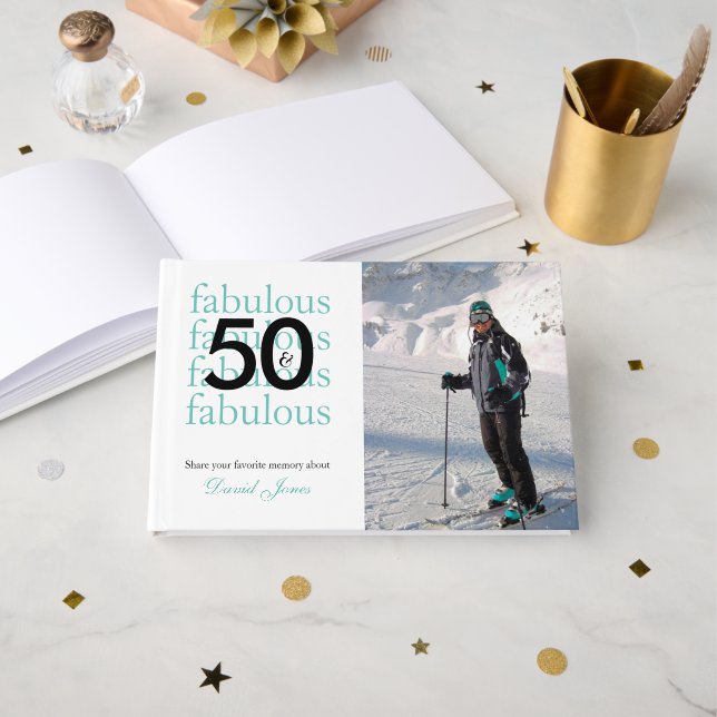 Livro De Visitas 50 & Fabulous 50th Birthday Custom Photo Name (Frente aberta)
