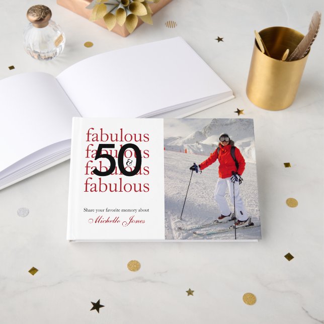 Livro De Visitas 50 & Fabulous Custom Photo Name 50th Birthday (Frente aberta)