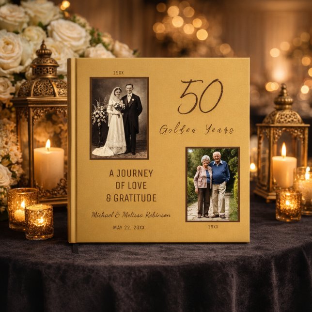 Livro De Visitas 50th Anniversary Guest Book – Gold (Front cover of 12 x 12 anniversary guest book styled with candlelight.)