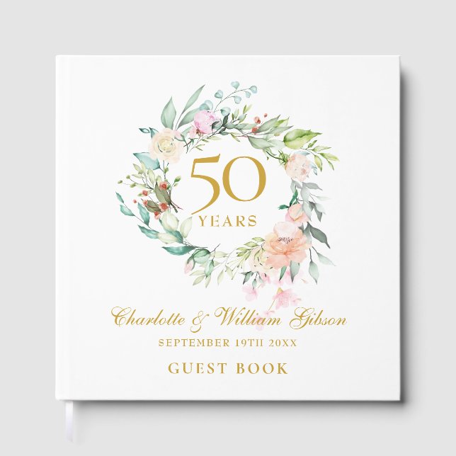 Livro De Visitas 50th Golden Wedding Anniversary Floral Garland (Frente)
