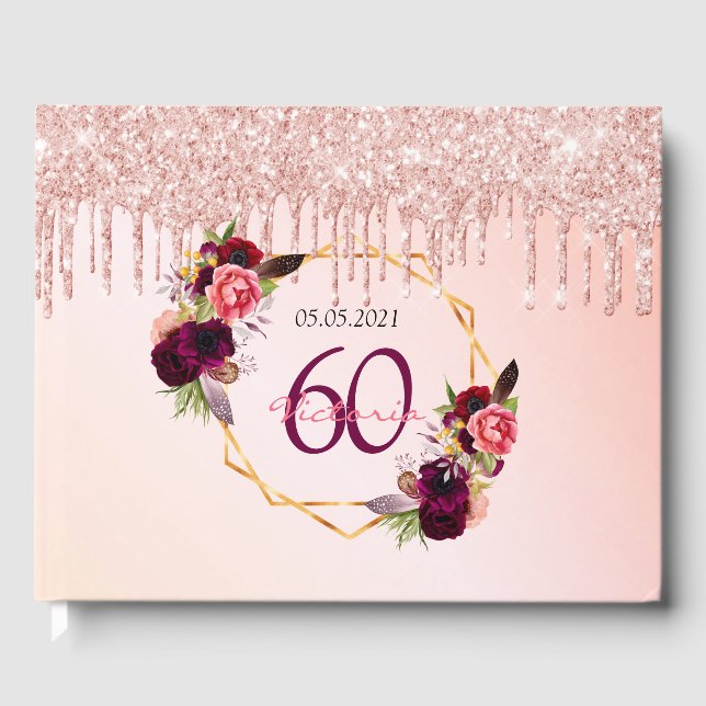 Livro De Visitas 60º aniversário rosa dourado floral geométrico (Frente)