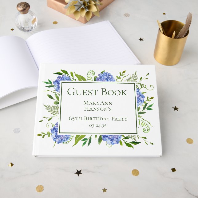 Livro De Visitas 65th Birthday Blue Hydrangeas (Frente aberta)