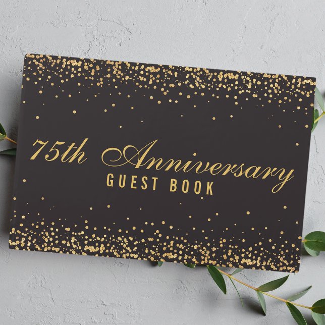 Livro De Visitas 75th Anniversary Black Gold Confetti Elegant (Criador carregado)