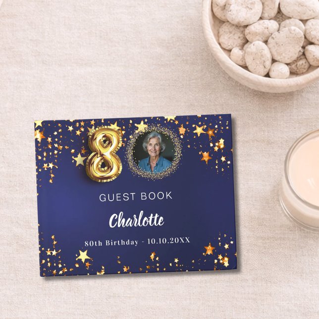 Livro De Visitas 80 Aniversário marinho azul-dourado fotografia (Criador carregado)