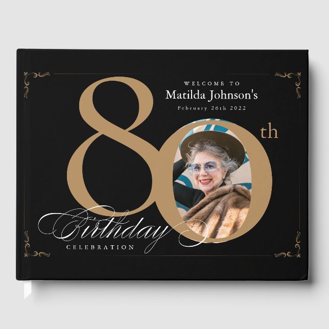 Livro De Visitas 80 Birthday Calliografia Dourada Foto Personalizad (Frente)