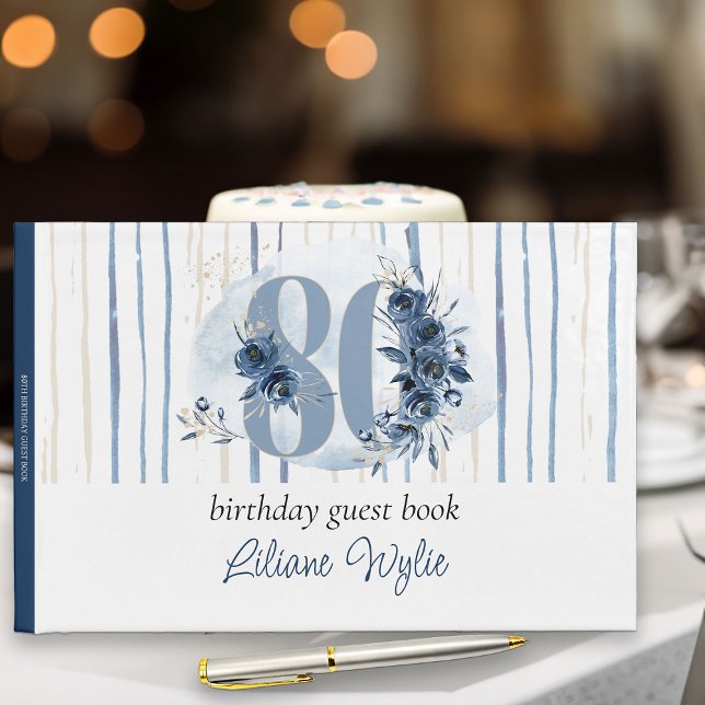 Livro De Visitas 80 Birthday Floral Number Coastal Blue (80th Birthday Guest Book from my Floral Number Milestone Birthday Collection)