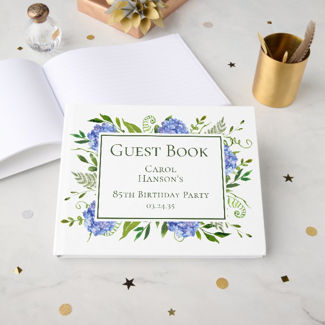 Livro De Visitas 85th Birthday Blue Hydrangeas (Frente aberta)