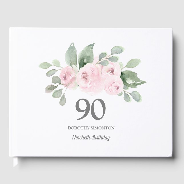 Livro De Visitas 90 Birthday Rosa Rosa Rosa Floral (Frente)