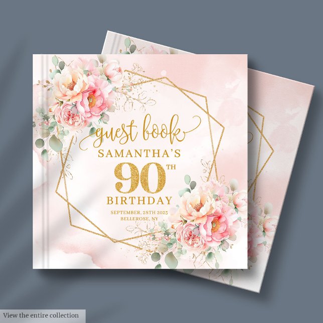Livro De Visitas 90 Floral Dourada da Rosa claro de Aquarela (Watercolor Light Pink Gold Glitter Floral 90th Guest Book)