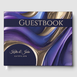 Livro De Visitas Abstrato-Azul-Roxo Moderno Casado Dourado-