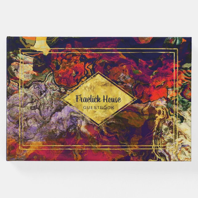 Livro De Visitas Abstrato Vermelho Roxo Elegante com Acentos Dourad (Frente)