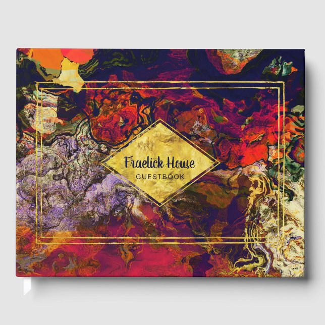 Livro De Visitas Abstrato Vermelho Roxo Elegante com Acentos Dourad (Frente)