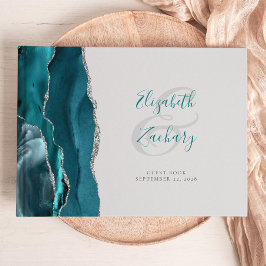 Livro De Visitas Ágata Azul Teal Moderno Cinza Script Prata