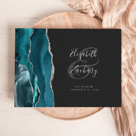 Livro De Visitas Ágata Azul Teal Moderno Escrito Prateado Escuro