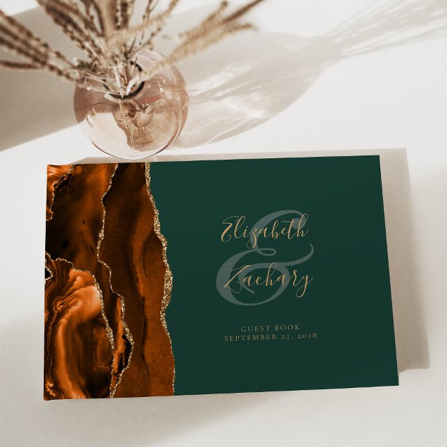 Livro De Visitas Ágata Laranja Queimada Moderna Dourado Script Verd (Criador carregado)