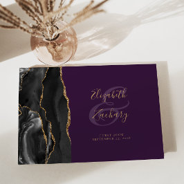 Livro De Visitas Ágata Preta Moderna Dourado Roscas Roxo