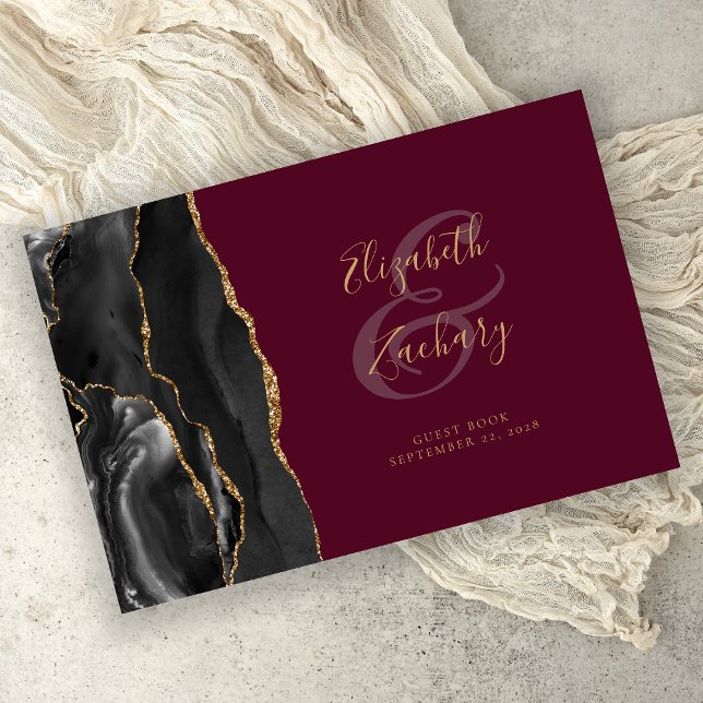 Livro De Visitas Ágata Preta Moderna Dourado Script Burgundy (Criador carregado)