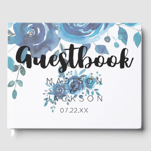 Livro De Visitas Algo Blue Watercolor Monograma Floral Casamento