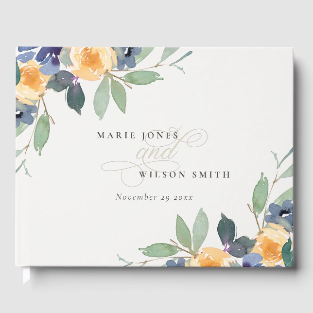 Livro De Visitas Amarelo Alegre Azul Casamento Floral Aquarela (Frente)