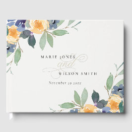 Livro De Visitas Amarelo Azul Floral Aquarela Casamento Alegre