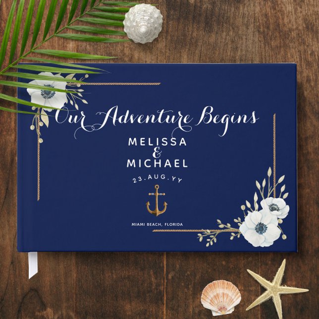 Livro De Visitas Anêmonas brancas ⚓️ Casamento Náutico Azul Marinho (White Anemones ⚓️ Navy Blue Nautical Wedding Guest Book
)