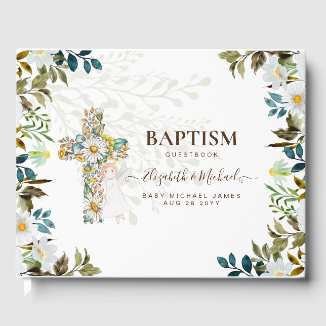 Livro De Visitas Angel Floral Cross Greenery Baptism Christening (Frente)