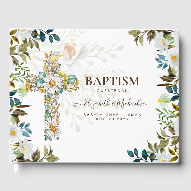 Livro De Visitas Angel Floral Cross Greenery Baptism Christening Gu (Frente)