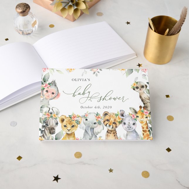 Livro De Visitas Animais Selvagens, Safari, Flores, Chá de fraldas (Frente aberta)