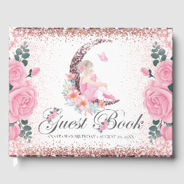 Livro De Visitas Aniversário Ballerina Moon Pastel Rosa Glitter