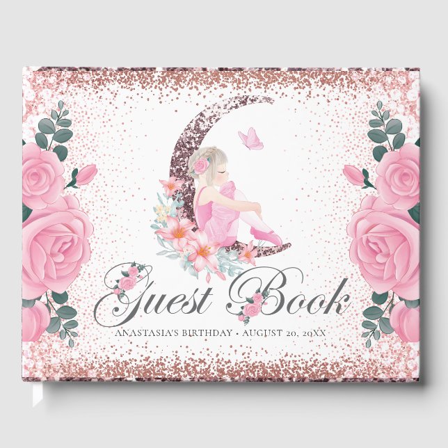 Livro De Visitas Aniversário Ballerina Moon Pastel Rosa Glitter (Frente)